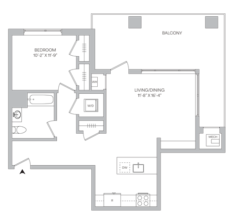Floorplan of a 1 bedroom 1 bath apartment with a wraparound balcony